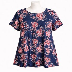 Size 2XL Women’s Royal Blue Red Floral Short Sleeve Tunic Top